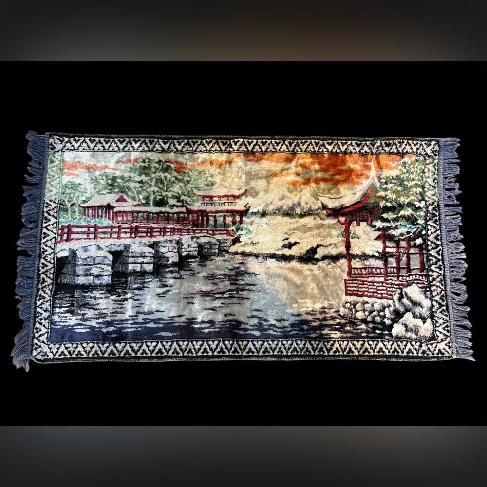 Vintage Swan Brand Velveteen Tapestry - Asian Pagoda Landscape